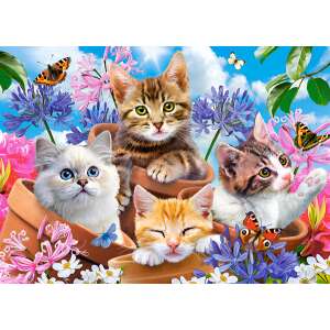Castorland Puzzle Kittens with Flowers 120 piece jigsaw puzzle, featuring four kittens in flower pots - Castorland Puzzle