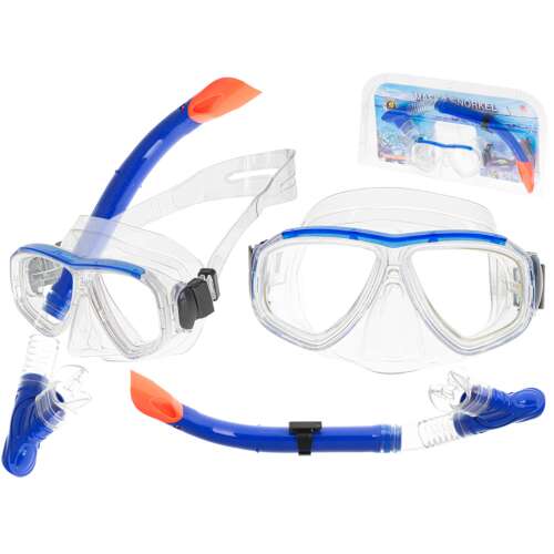 Diving mask and snorkel set, clear blue and orange, for swimming and snorkeling