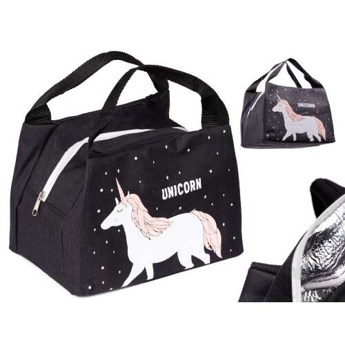 Unicorn Thermal Lunch Bag, black with white unicorn design, insulated, perfect for school, work, or picnics