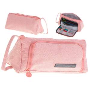 Pink Angoo pencil case with two compartments, closed, angled view, showing the inside with pens and pencils - Pencil Case