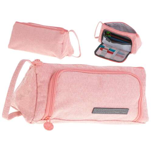 Pink Angoo pencil case with two compartments, closed, angled view, showing the inside with pens and pencils