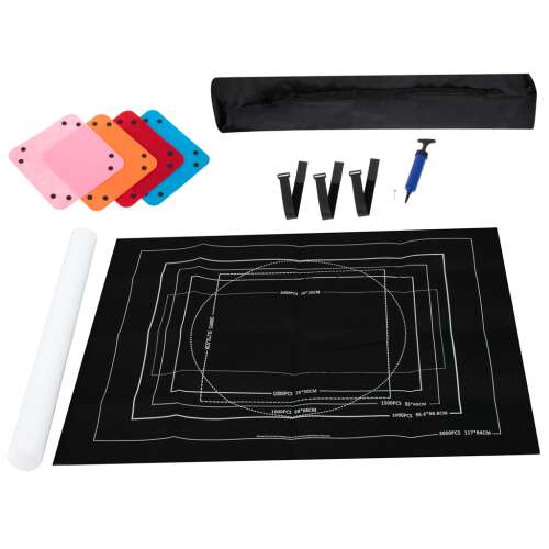 Puzzle mat storage mat, black felt mat with white lines for puzzle pieces, includes storage bag, pump, straps, and 4 corner pieces
