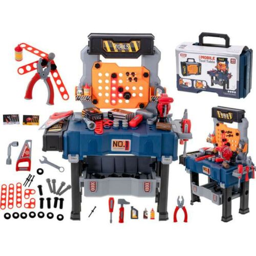 Játék szerszámasztal kiegészítőkkel 65db, toy workbench set with tools and carrying case