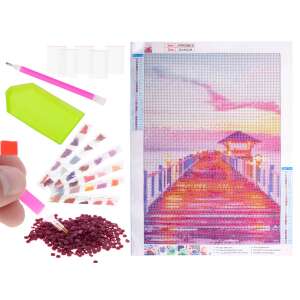 Diamond painting kit with tools and a canvas depicting a pier at sunset - Diamond painting kit