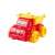 Red plastic toy dump truck with yellow details, for kids