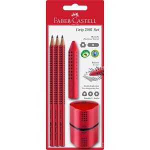 Faber-Castell Grip 2001 Set mit 3 roten dreieckigen Bleistiften, Radiergummi und Spitzer - Graphitstifte