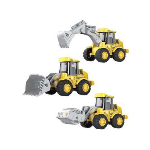 Sárga munkagépek játékkészlet, tartalmaz kotrógépet, rakodót és úthengert, 15cm, gyerekeknek - Magic Toys