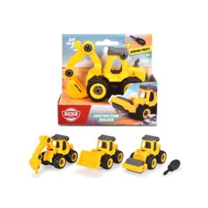 Dickie Toys Construction Builder set with 3 yellow construction vehicles: excavator, bulldozer, and road roller. The vehicles are made of plastic and have moving parts. The set also includes a screwdriver for assembling and disassembling the vehicles. - Work machine for children