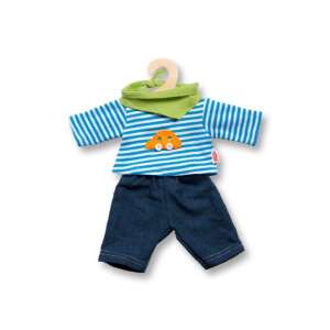 Modrá a biela pruhovaná košeľa s aplikáciou auta, modré džínsové nohavice a zelená šatka pre bábiky 28-35 cm - Šaty pre bábiku Toy