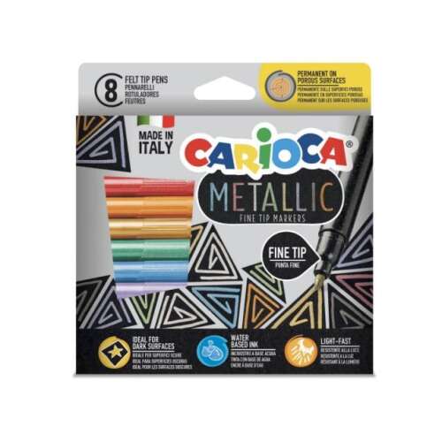 Carioca Metallic Feinzeichner, 8er Pack, Metallic-Farben, ideal für dunkle Oberflächen, wasserbasierte Tinte, lichtecht