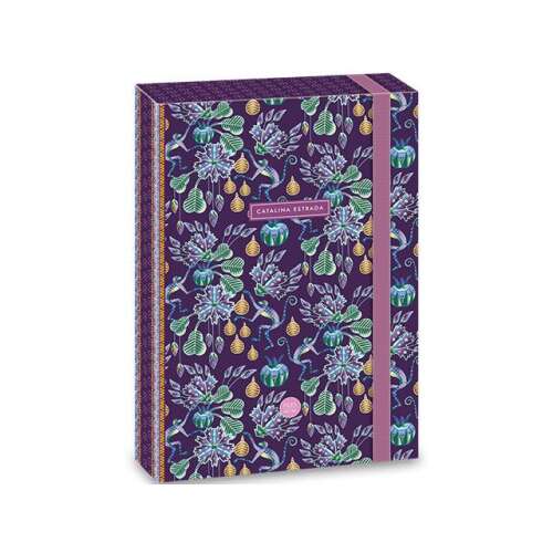 Catalina Estrada A4 Notizbuchbox mit Gummizug, violett und grünes Blumenmuster