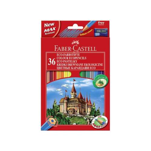 Creioane colorate eco Faber-Castell, set de 36 culori asortate, eco-friendly, cu ascuțitor gratuit