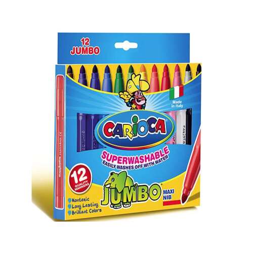 Carioca Jumbo Supermosható Filctollak, 12 darabos készlet, maxi hegyű, élénk színek, mosható, könnyen használható, gyerekeknek, rajzoláshoz