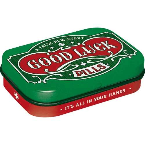 Good Luck Pills tin with peppermint dragees, a fresh new start