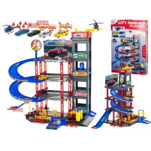 Ikonka City Parking Playset: wielopoziomowy garaż parkingowy z samochodami, helikopterem i opakowaniem - Figura, DIY, Pojazd zdalnie sterowany, Deskorolka elektryczna, Zabawkowy karabin, nabój, Samochód do gier, Autostrada i parking i Figurka bajkowego bohatera