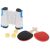 Table tennis set including retractable net, paddles, and balls on white background.