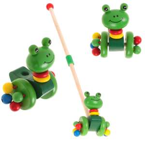 Wooden push and pull toy frog with colorful beads on wheels, perfect for toddlers learning to walk - JM