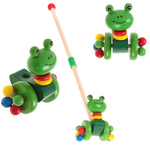 Wooden push and pull toy frog with colorful beads on wheels, perfect for toddlers learning to walk