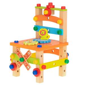 Wooden construction toy chair with lion, gears, and other parts - JM