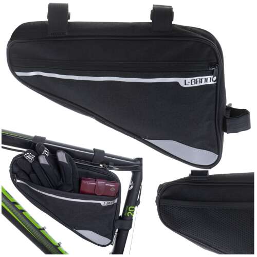 L-BRNO triangle bike frame bag, black, with reflective details, collage
