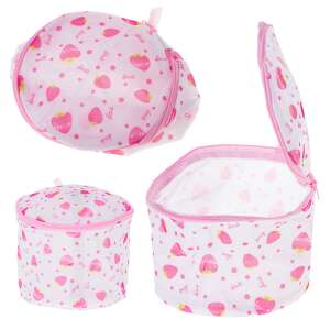 Collage of a white and pink mesh laundry bag with a strawberry print, showing the bag from different angles - Kik