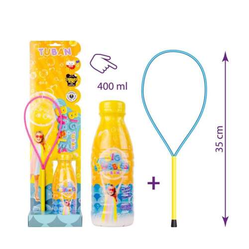 Set Tuban Big Bubbles cu bețișor și soluție pentru bule de săpun, 400ml, cu o fată care suflă bule