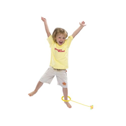 Child playing with yellow light up ankle skip ball toy