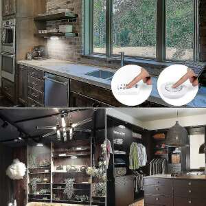 Collage showing the wireless LED lights in use, under a cabinet, on a shelf, and on stairs, with the remote control - Kik