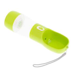 Green portable dog water and food dispenser bottle, angled view - Rodent Care