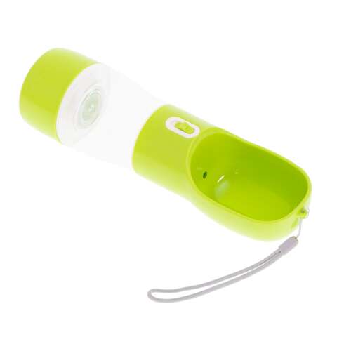 Green portable dog water and food dispenser bottle, angled view