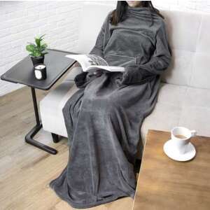 Gray hooded wearable blanket with sleeves, perfect for relaxing on the couch - Blanket