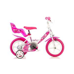 Rosa und weißes 12 Zoll Mädchenfahrrad mit Herzdesign, Stützrädern und Puppenhalter - Fahrrad für Kinder