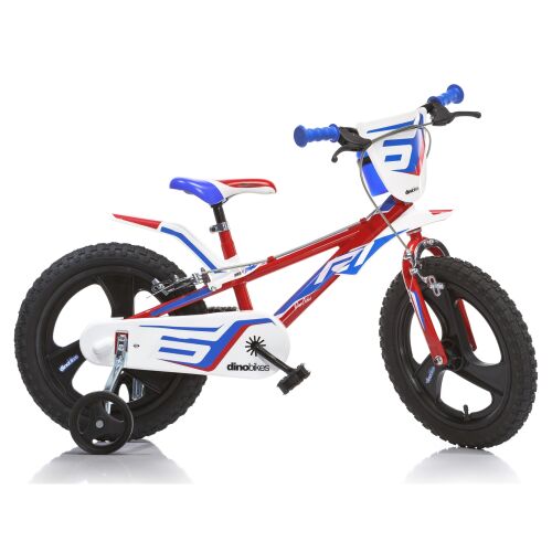 Dino Bikes Junior 16-Zoll Kinderfahrrad mit Stützrädern, rot und weiß