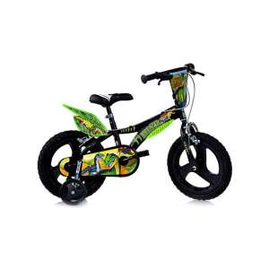 T-Rex dinoszauruszos gyerek kerékpár, 14 colos, fekete és zöld, segédkerekekkel - Dino Bikes