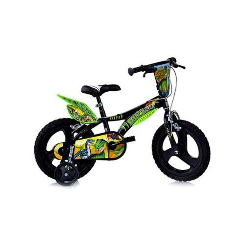 T-Rex Dinosaurier Kinderfahrrad, 14 Zoll, schwarz und grün, mit Stützrädern