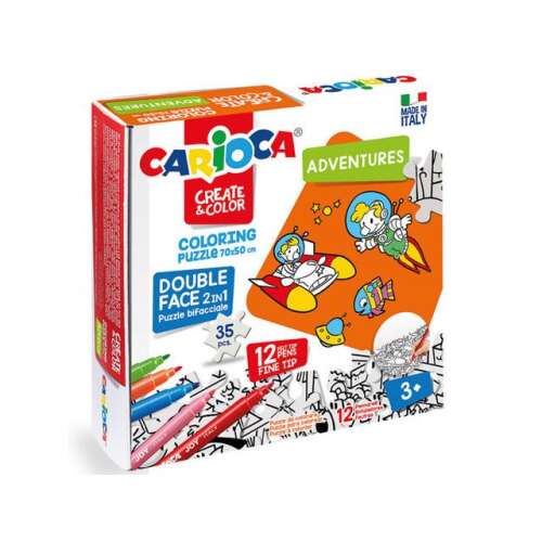 Carioca Create & Color Adventures Doppelseitiges Puzzle zum Ausmalen, 35 Teile, 70x50 cm, mit 12 Filzstiften