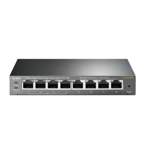 TP-Link TL-SG108PE 8-Port Gigabit Easy Smart Switch mit 4-Port PoE, Vorderansicht mit beschrifteten Ports
