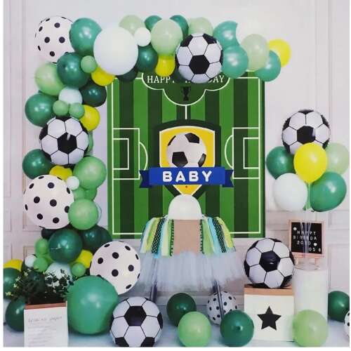 Green, white, and yellow soccer ball balloons for a baby shower or birthday party
