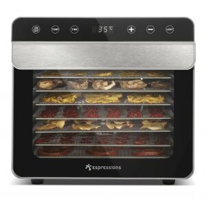 Espressions Smart Food Szárító 8 tálcával, tele szárított gyümölcsökkel, zöldségekkel és húsokkal. - Aszaló