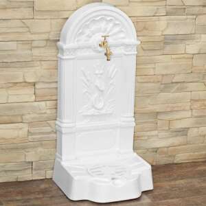 Fehér Firenze fali kerti kút, réz csappal, díszes kialakítás, 86 cm magas, 42 cm széles, 32 cm mély - Kerti kút és csap