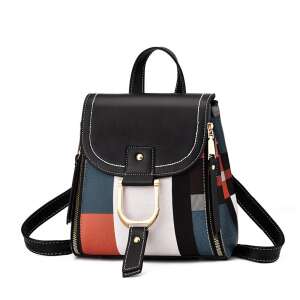 Dollcini Damen-Rucksack, schwarz und buntes Karomuster, goldfarbene Hardware - Rucksäcke