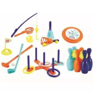 Set sportiv Écoiffier 6 în 1, inclusiv golf, bowling, pescuit, frisbee, aruncarea inelelor și jocuri cu bile cu scoop. - Jocuri de îndemânare în aer liber