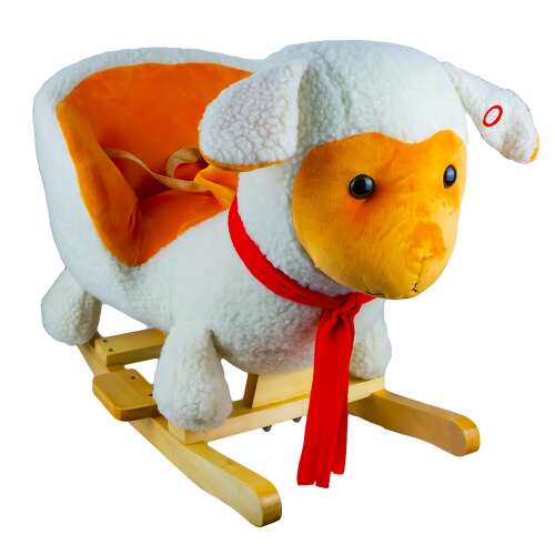 Babahinta Oita hintaló állat, fehér bárány narancssárga plüss üléssel és piros sállal, fa hintázó talppal, kisgyermekeknek és csecsemőknek