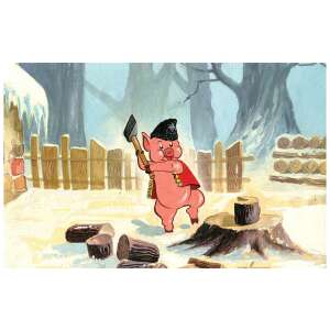 Diapozitivul Porcușorul și Lupii, ilustrație cu porcușorul care taie lemne - Filme diapozitive