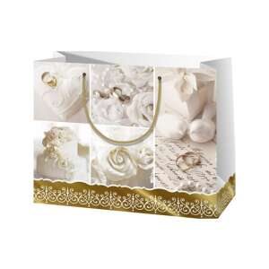 Geantă mare de cadouri pentru nuntă, albă, cu mânere aurii și un colaj de imagini cu tematică de nuntă, inclusiv inele, flori și tort - Ambalaje cadouri