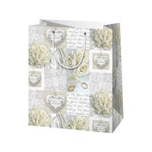 Sac de cadouri pentru nuntă alb cu design cu trandafiri și inimi - Ambalaje cadouri