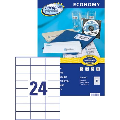 Avery Europe 100 ELA010 címkék, 70x36mm, 2400 darab, címzéshez, termékjelöléshez és általános címkézéshez