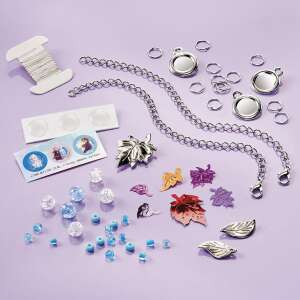 Totum Frozen 2 Forest Charm Bracelets DIY kit contents, including chains, charms, beads, and stickers - Totum