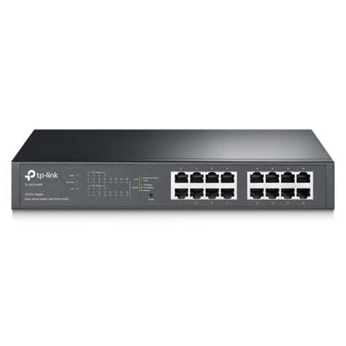 TP-Link TL-SG1016PE 16 portos Gigabit Ethernet PoE+ Smart Managed Switch, elülső nézet a portokkal és a TP-Link logóval