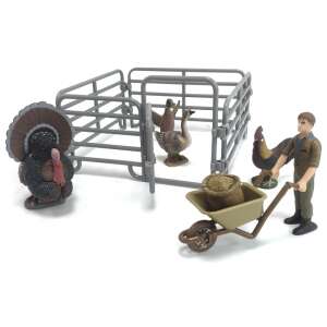 Farm animal playset with farmer, turkey, rooster, ducks, fence, and wheelbarrow - Figure
